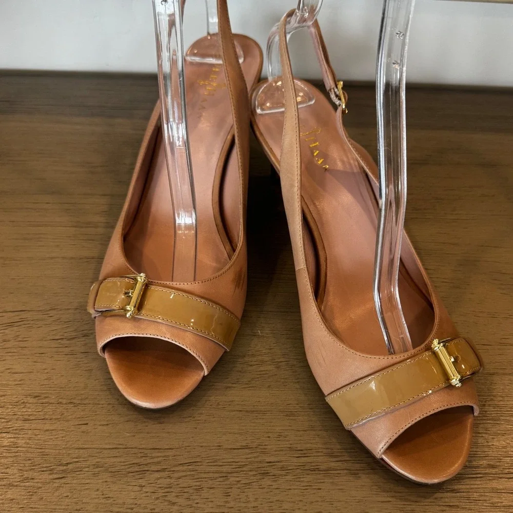Cole Haan Women 10 B Beige Leather Slingback Peep Toe Kitten Heel Comfort Career